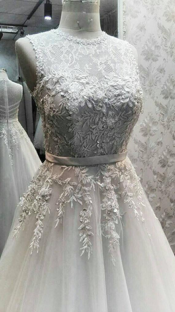 Unique Beaded Mixed Lace See Through Charming Applique Long Wedding Dress, WG642