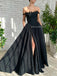 Black Off Shoulder Lace A-line Satin Backless Prom Dresses, FC6519