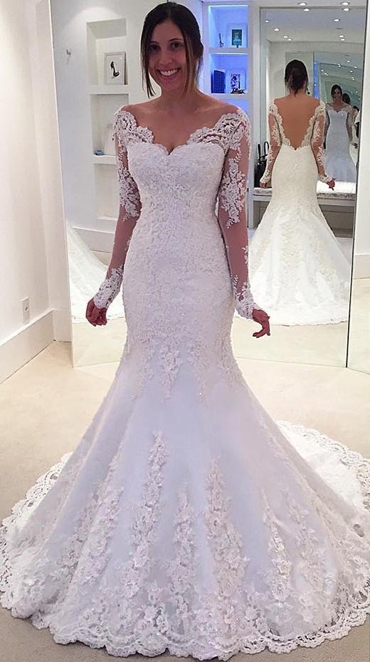 Long Wedding Dress, Lace Wedding Dress, Beading Wedding Dress, Sexy V-Back Bridal Dress, Long Sleeve Wedding Dress, Applique Wedding Dress, LB0688