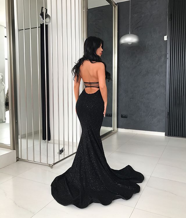 Luxury Black Mermaid Beaded Sexy Backless Halter Prom Dresses, FC780