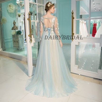 Tulle Prom Dresses, Long Sleeve Prom Dresses, Applique Party Prom Dresses, Open-Back Prom Dresses, DA954