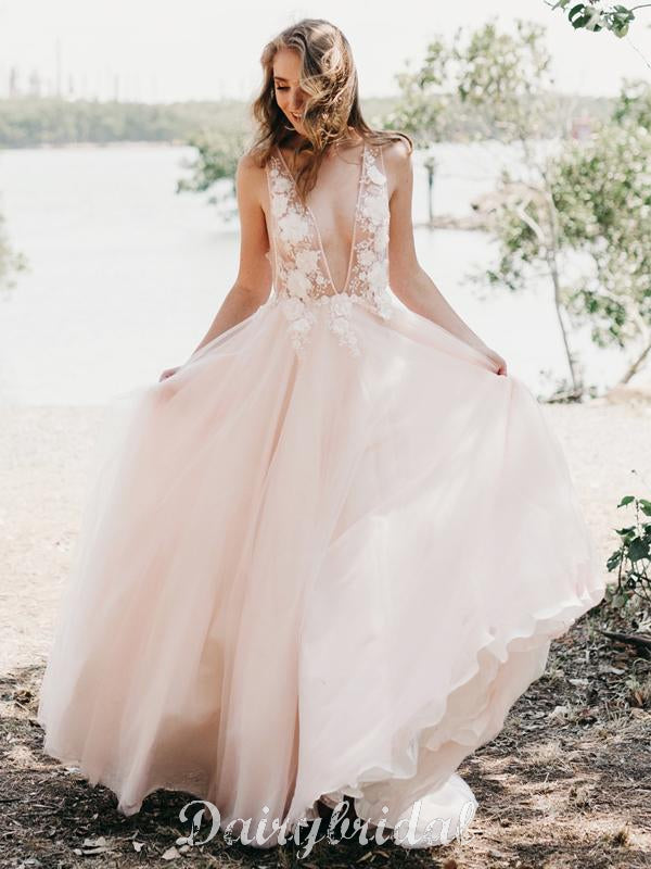 Sexy Deep V-Neck Tulle Wedding Dress, A-Line Backless Applique Wedding Dress, D962