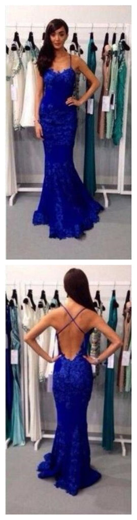 Long Prom Dress, Lace Prom Dress, Blue Prom Dress, Straps Prom Dress, Custom prom dress,Backless Prom Dress,PD0042