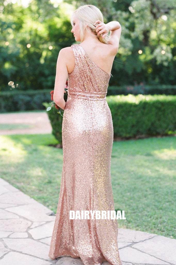 One-Shoulder Sequin Mermaid Sleeveless Sparkly Bridesmaid Dress, FC2327