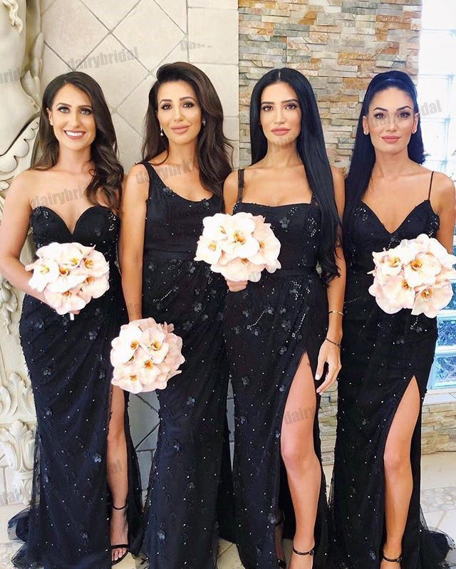 Mismatched Black Mermaid Sexy Slit Beaded Floor-Length Bridesmaid Dresses, D1353