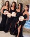 Mismatched Black Mermaid Sexy Slit Beaded Floor-Length Bridesmaid Dresses, D1353