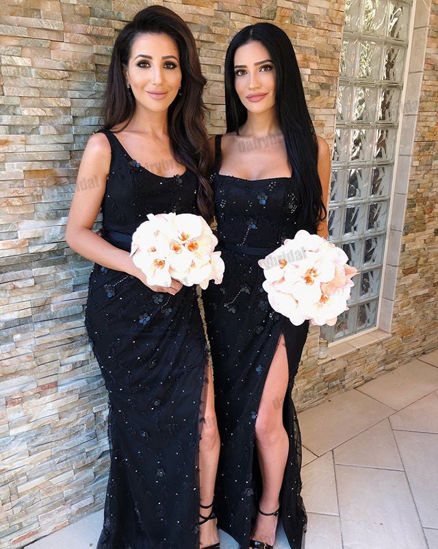 Mismatched Black Mermaid Sexy Slit Beaded Floor-Length Bridesmaid Dresses, D1353