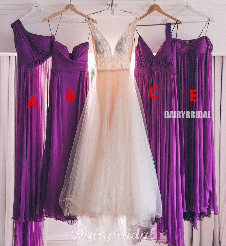 Mismatched Purple Chiffon A-Line Stunning Bridesmaid Dress, FC4583