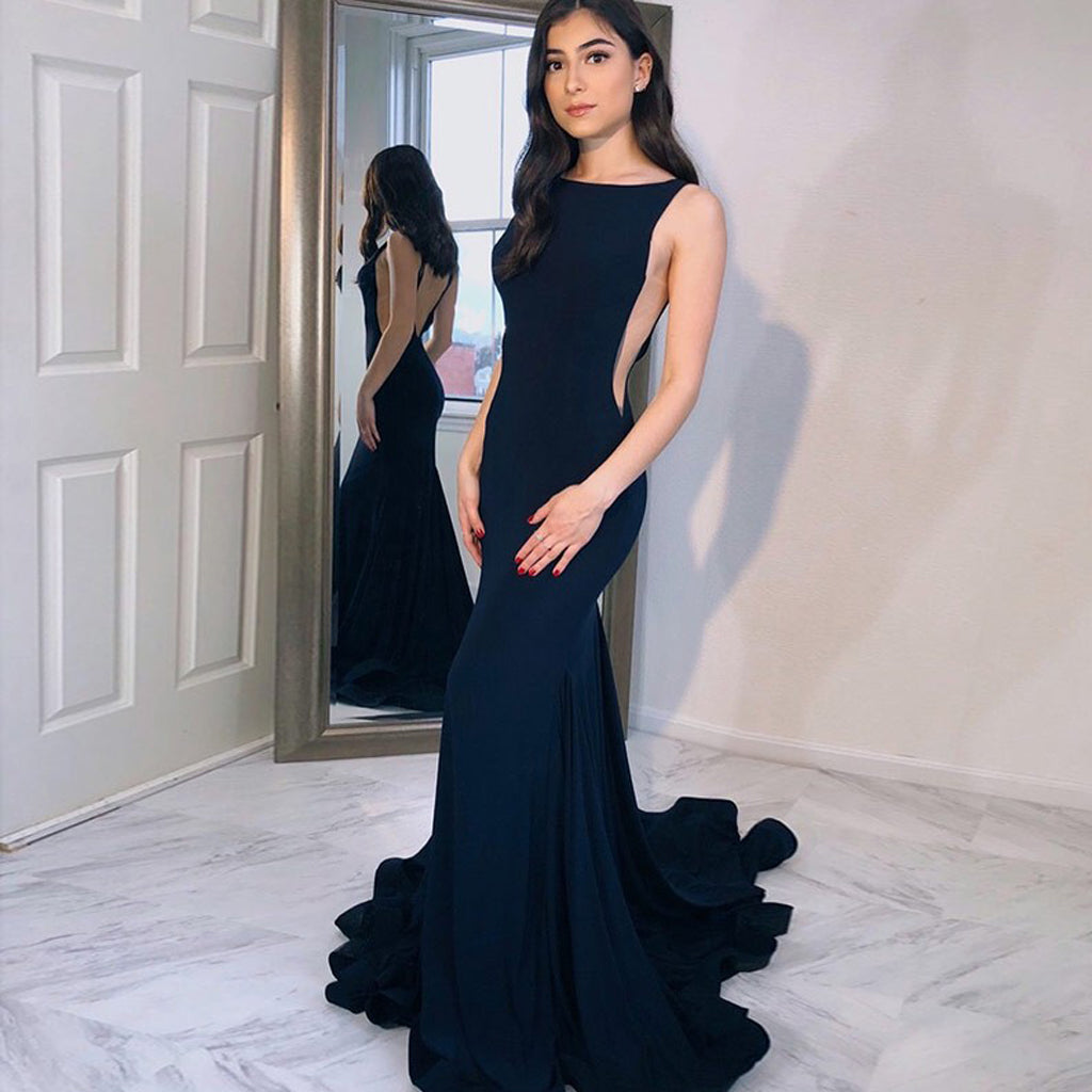 New Arrival Navy Blue Mermaid Backless Jersey Sleeveless Prom Dress, FC1246