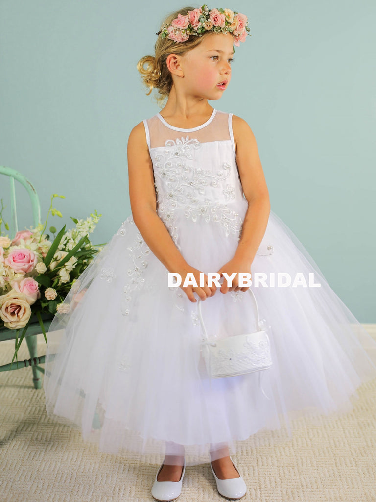 Cute Tulle A-Line Flower Girl Dresses, Applique Flower Lovely Little Girl Dresses, D1143