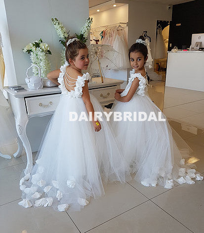 White Backless Applique Flower Girl Dresses, Tulle Lovely Little Girl Dresses, D1197