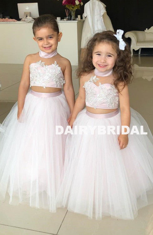 Halter Two Pieces Tulle Flower Girl Dresses, Applique Lovely Little Girl Dresses,  D1355