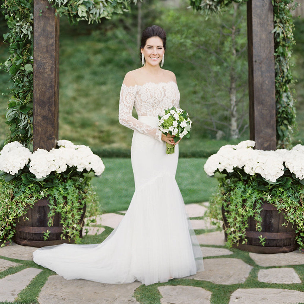 Charming White Lace Mermaid Wedding Dress, Long Sleeve Tulle  Bridal Dress, D951