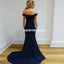 Navy Off Shoulder Jersey Mermaid Backless Applique Prom Dress, FC1260