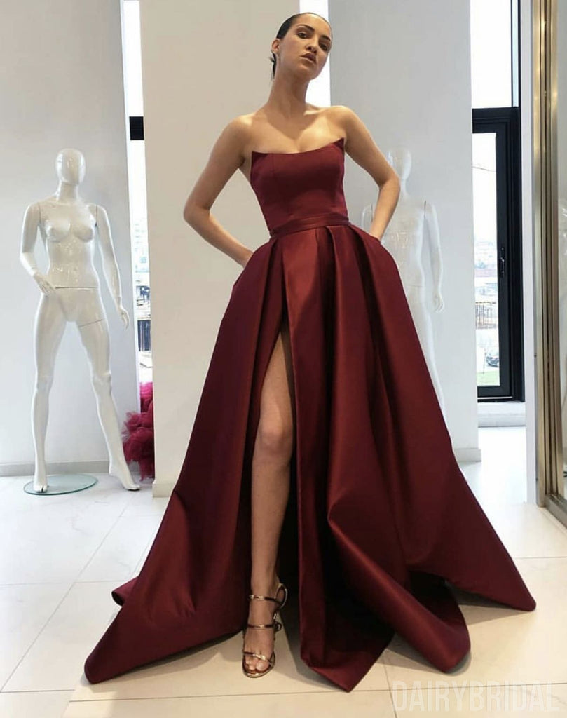 Gorgrous A-Line Satin Burgundy Slit Backless Simple Long Prom Dresses, FC1833