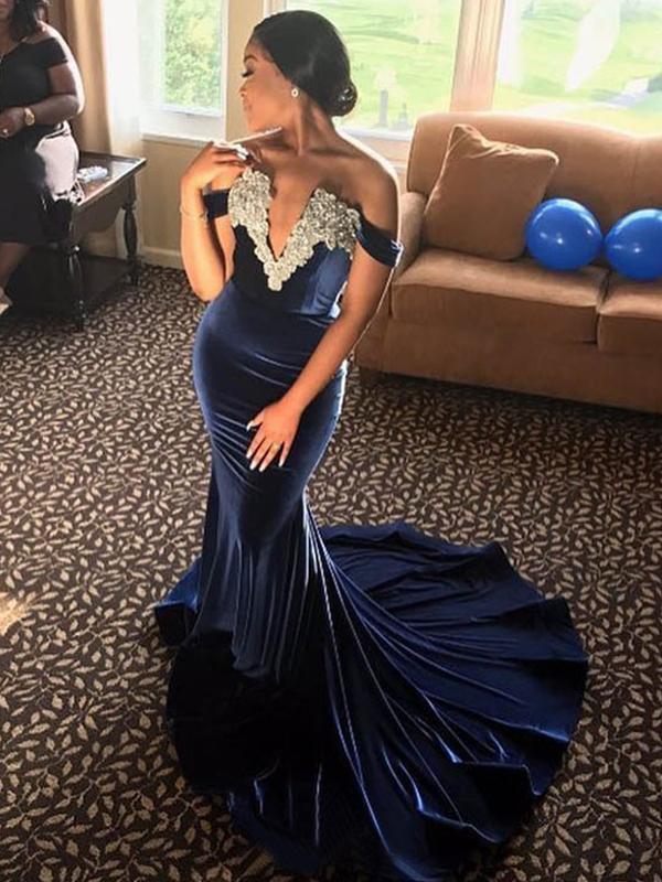 Charming Off Shoulder Velvet Mermaid V-Neck Applique Prom Dresses, FC1930