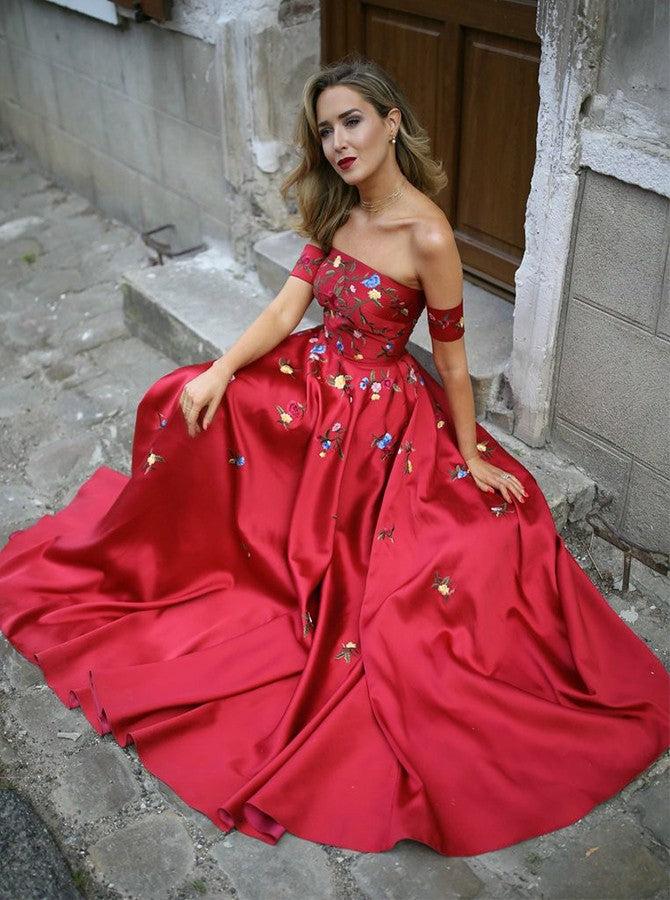 Straight Neckline A-Line Satin Backless Applique Prom Dresses, FC2038