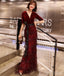 Burgundy Mermaid Beaded Half Sleeve Velvet V-neck Prom Dresses, FC2076