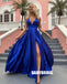 Royal Blue A-line Halter Sexy Slit V-neck Backless Prom Dresses, FC2372