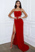 Red Spaghetti Straps Jersey Mermaid Slit Backless Prom Dress, FC3801