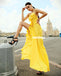 Yellow Spaghetti Straps Jersey Sexy Slit Backless Prom Dresses, FC4223