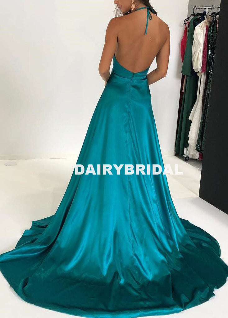 Sexy Deep V-Neck Halter Backless A-Line Slit Cheap Prom Dresses, D1057