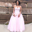 Sweetheart A-Line Beaded Pink Backless Tulle Sleeveless Prom Dresses, D1061