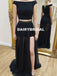 Black Off Shoulder Two Pieces Beaded A-Line Slit Chiffon Prom Dresses, D1062