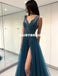 Charming Tulle A-Line Slit Backless Beaded Sleeveless Prom Dresses, D1067