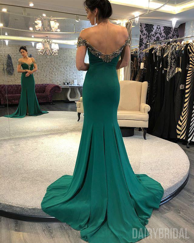 Off Shoulder Mermaid Jersey Slit Beaded Backless Prom Dress, FC1431