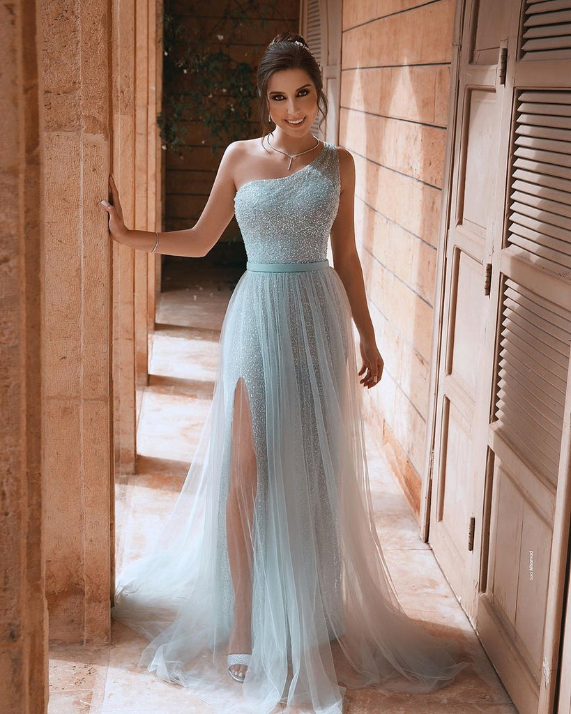 New Arrival One Shoulder Sparkle Sequin Tulle Slit Prom Dress, FC4390