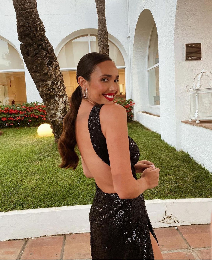 Black Sexy High Slit Sequin Open-back Long Prom Dresses, FC6164