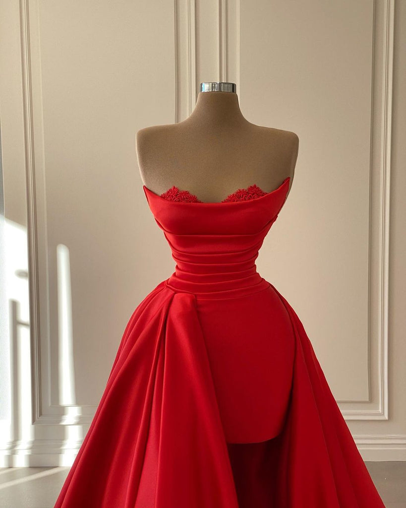 Red Charming A-line Satin Pleated Lace Long Prom Dresses, FC6269