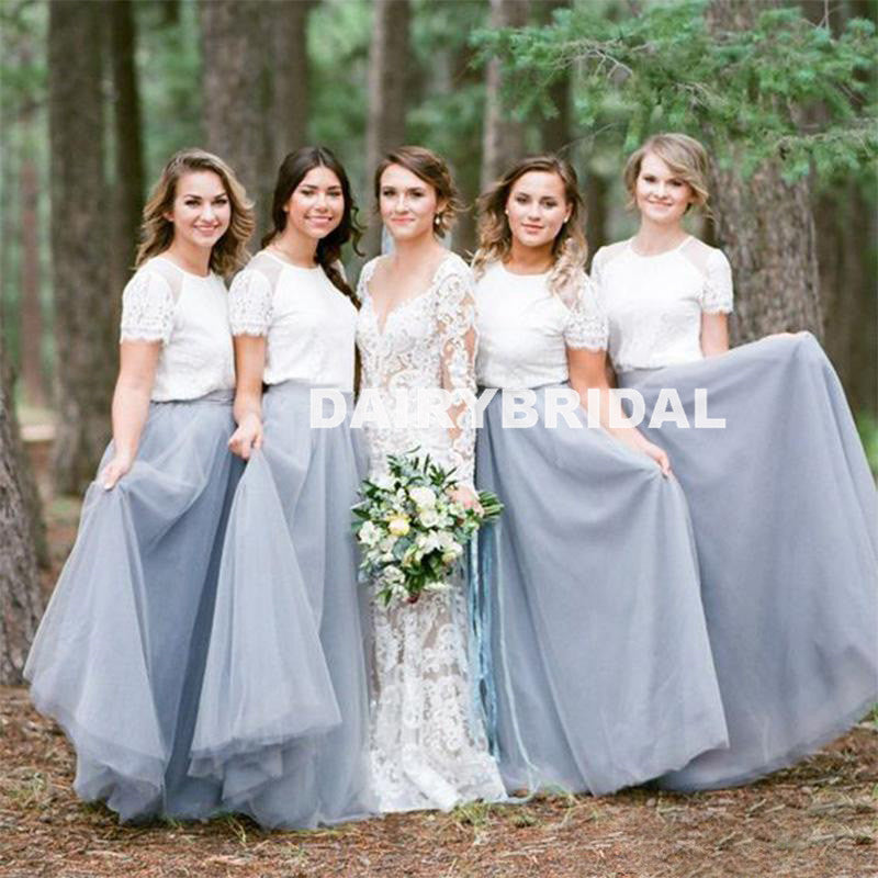 Long A-Line Tulle Bridesmaid Dress, Cheap Short Sleeve Bridesmaid Dress, D946