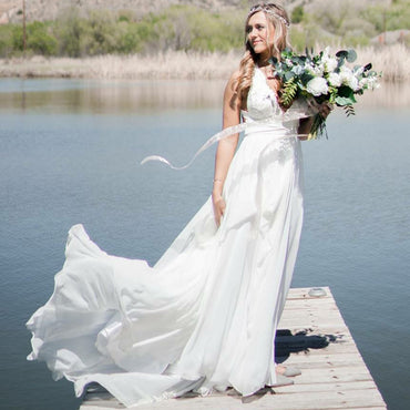 Deep V-Neck Chiffon A-Line Backless Lace Cheap Wedding Dresses, FC1650