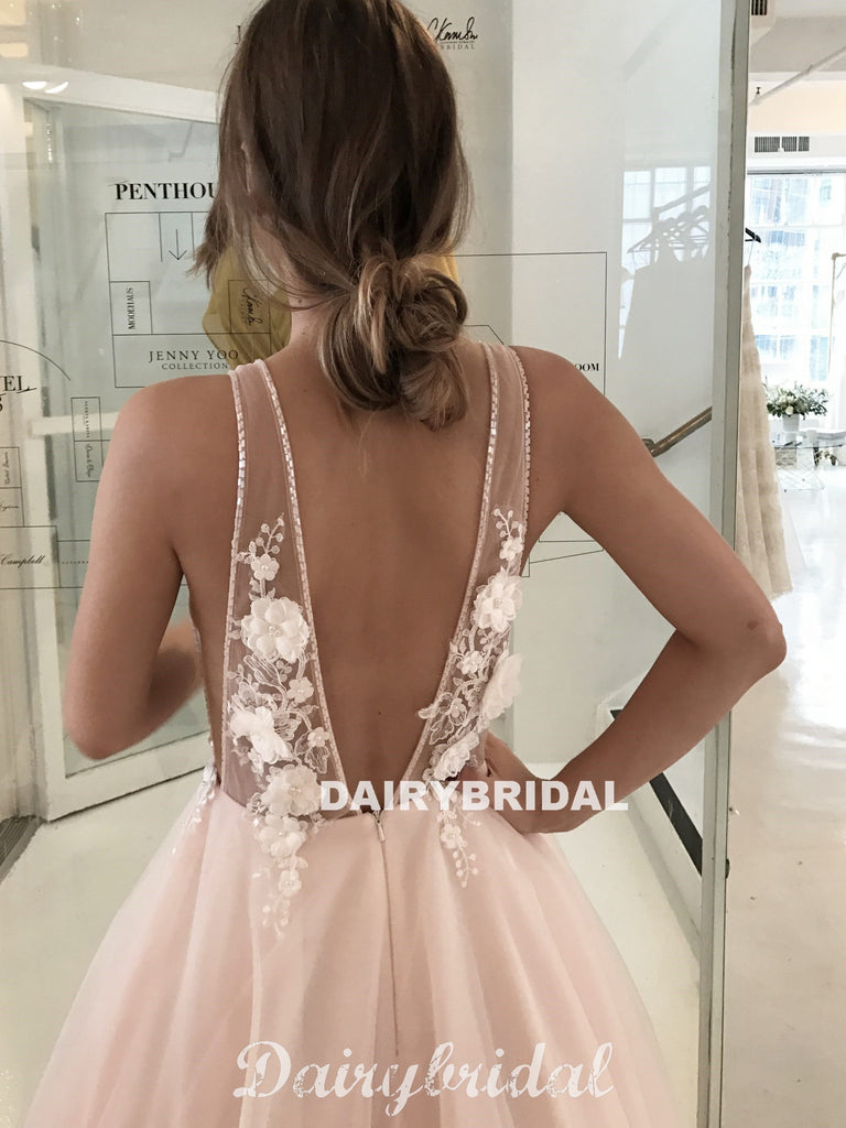 Sexy Deep V-Neck Tulle Wedding Dress, A-Line Backless Applique Wedding Dress, D962