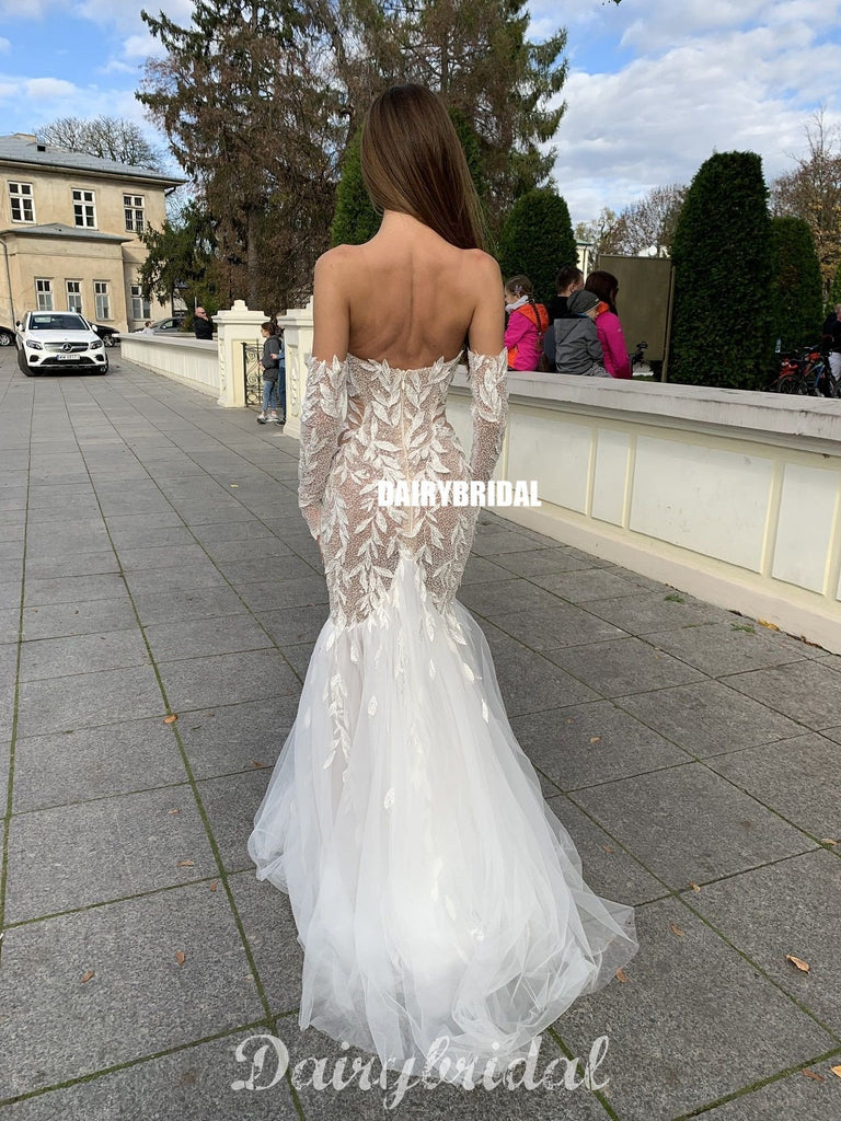 Sweetheart Long Sleeves Mermaid Lace Backless Tulle Sexy Wedding Dresses, FC4818