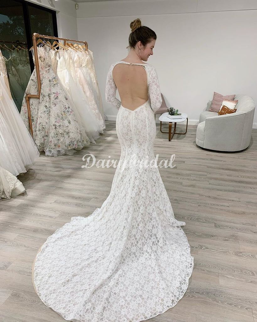 Stunning Mermaid Lace Long Sleeves Wedding Dress with a Detachable Train, FC4945